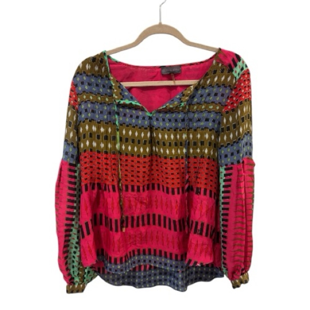 Hale Bob Silk Geometric Print Boho Peasant Blouse – Size M